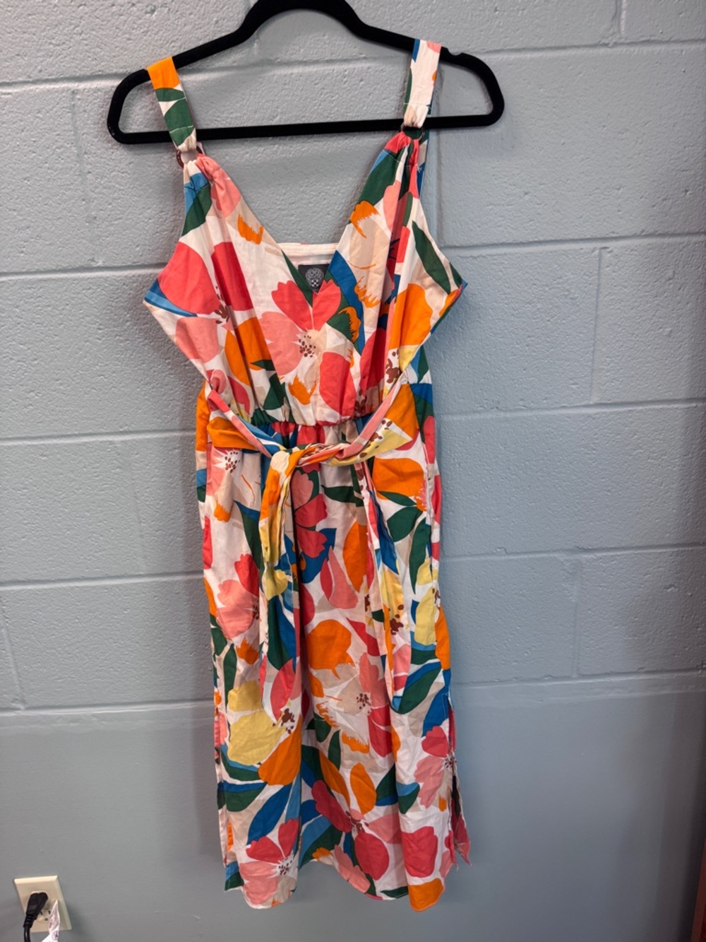 Vince Camuto Tropical Floral Midi Dress 10 Coral Orange Abstract O-Ring Summer